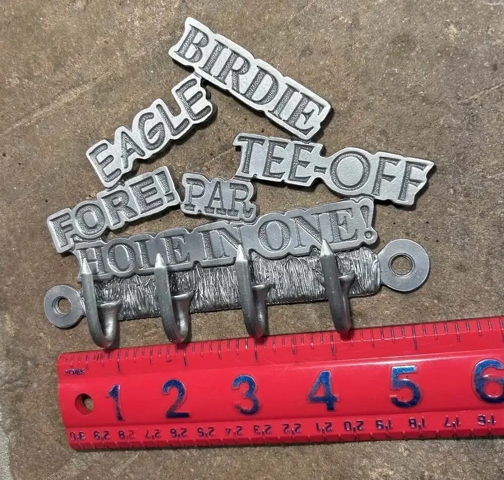 Golfers wall Key Hook Silver tone metal Golf terms tees,Eagle,PAR Birdie, FORE!